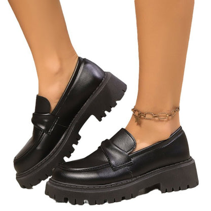 Retro Round-toe Chunky-soled Black Leather Shoes