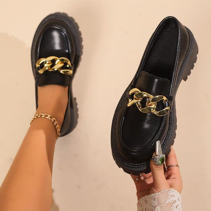 Retro Round-toe Chunky-soled Black Leather Shoes