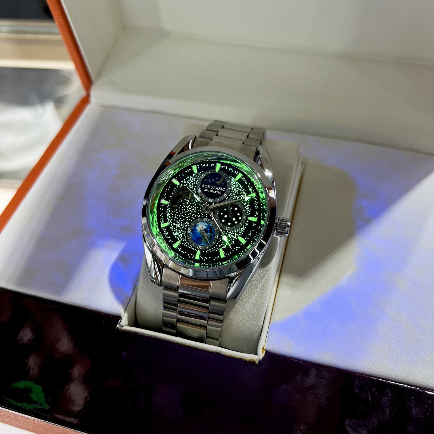 luminous mechanical watch glowing in dark