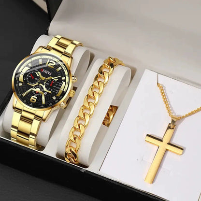 Men's Bracelet Cross Necklace And Watch Set