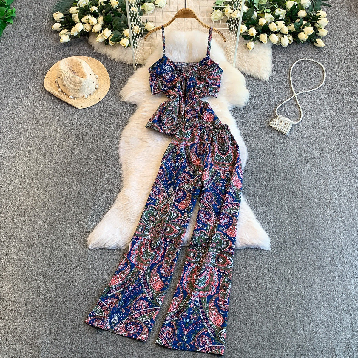 Bow-tie V-neck Vest With High-waisted Figure-flattering Wide-leg Pants