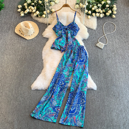 Bow-tie V-neck Vest With High-waisted Figure-flattering Wide-leg Pants