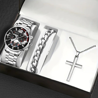 Men's Bracelet Cross Necklace And Watch Set