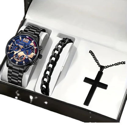 Men's Bracelet Cross Necklace And Watch Set
