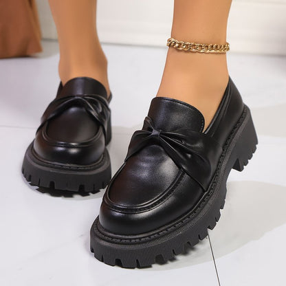 Retro Round-toe Chunky-soled Black Leather Shoes