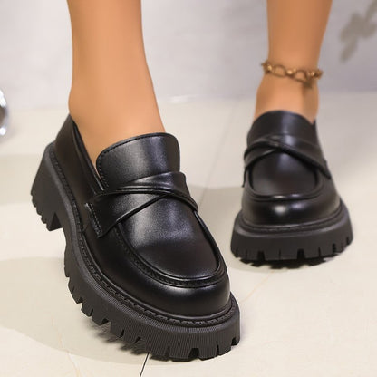 Retro Round-toe Chunky-soled Black Leather Shoes