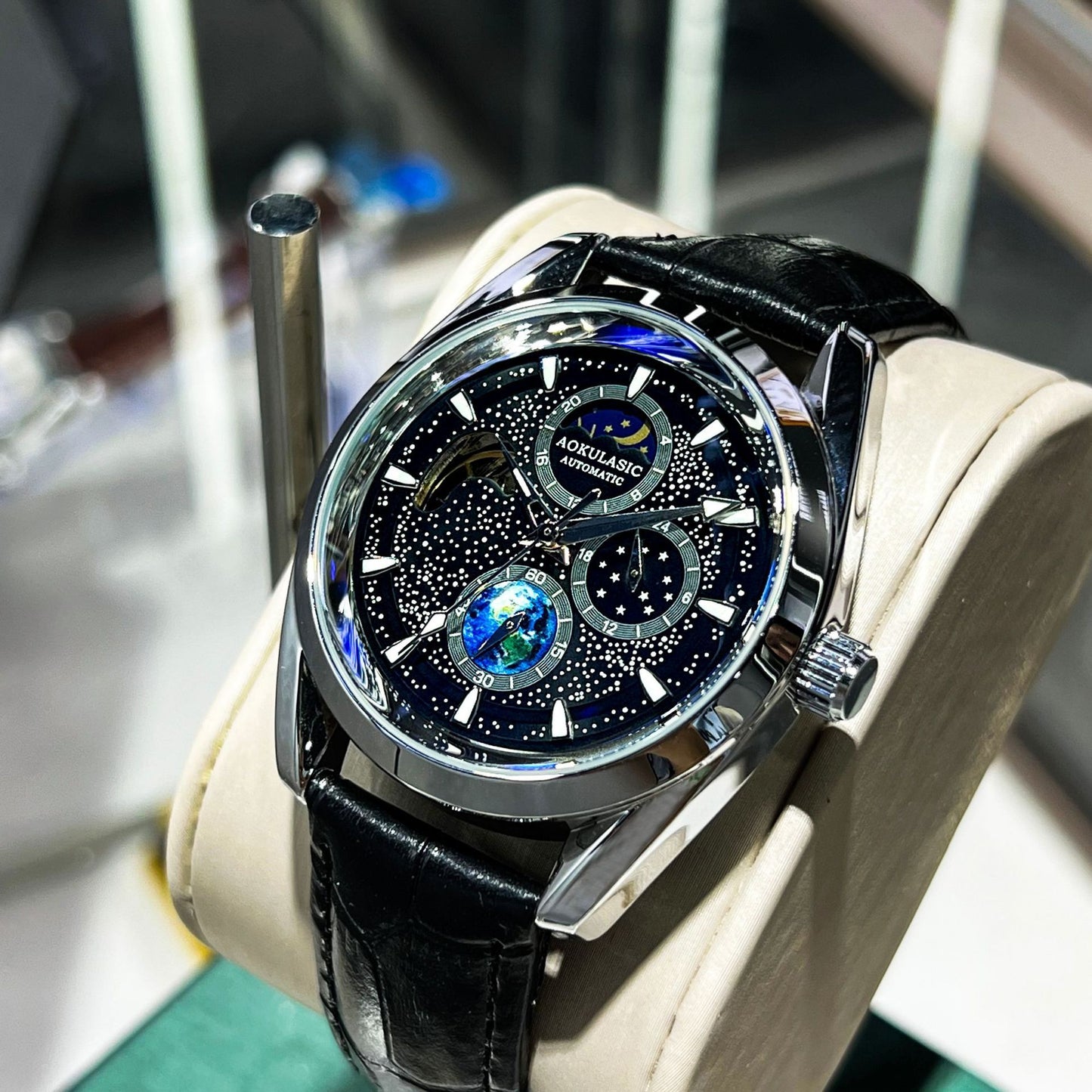 luminous mechanical watch case back detail