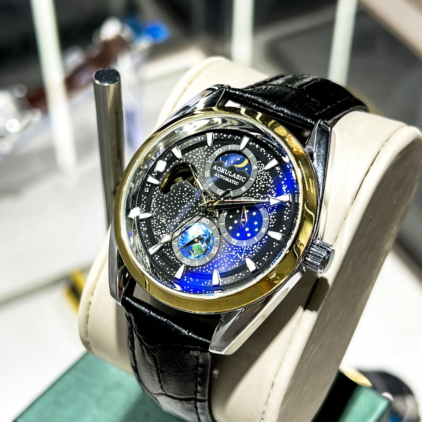 luminous mechanical watch sub-dial close up