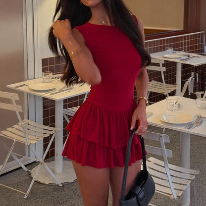 Sleeveless Solid-Color Knitted Patchwork Dress