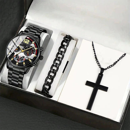 Men's Bracelet Cross Necklace And Watch Set