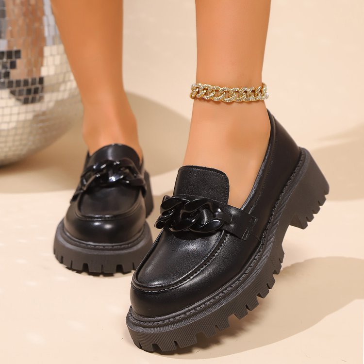 Retro Round-toe Chunky-soled Black Leather Shoes