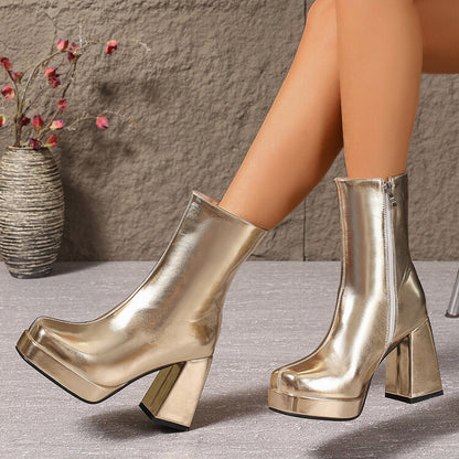 New Fallwinter Chunky Heel Height Enhancing Slimming Womens Ankle Boots With A Square Toe