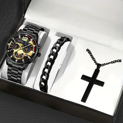 Men's Bracelet Cross Necklace And Watch Set